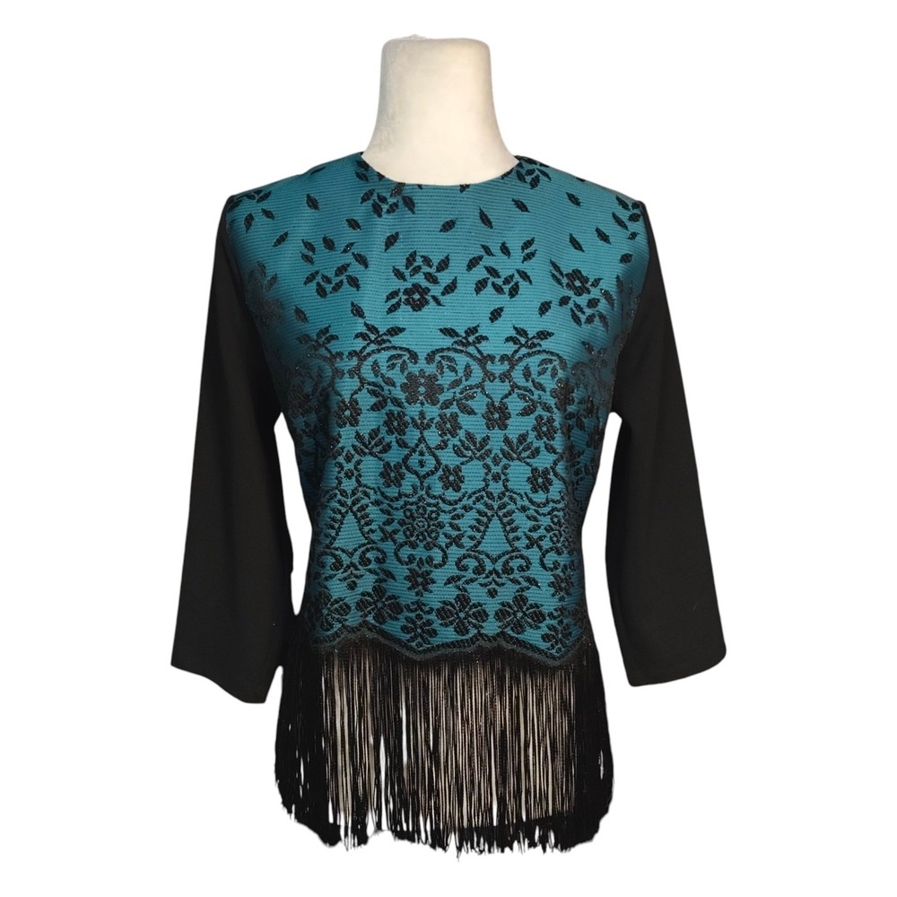 Carlucci Teal Brocade Evening Top Black Floral Fringe Party EUR 46 Large Turkey